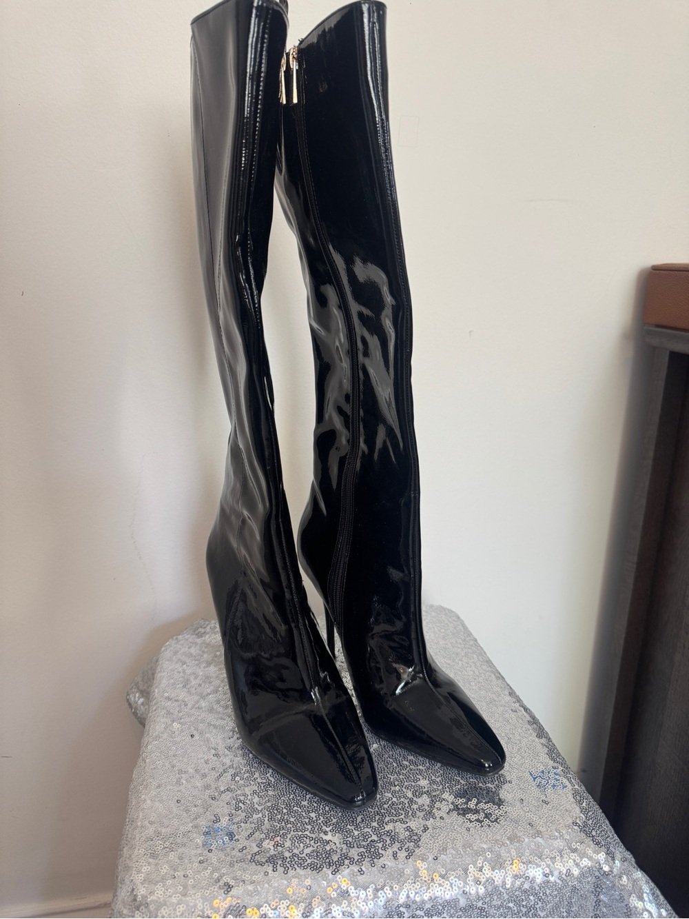 Patent Leather Knee-High Boots in Black